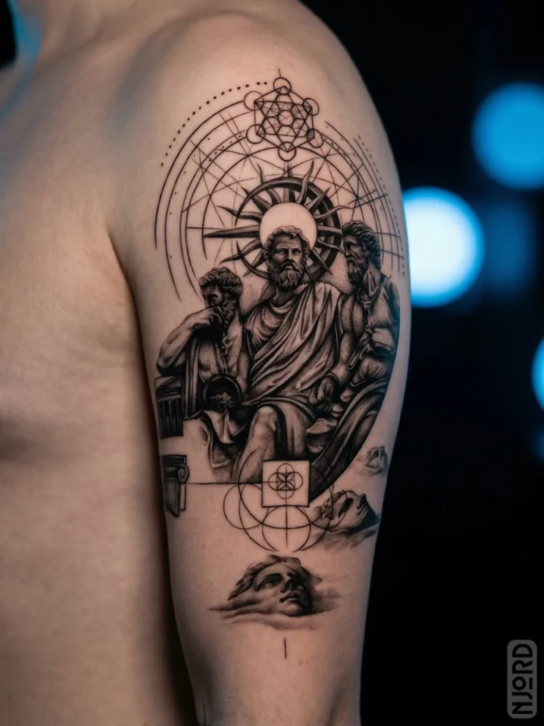 Greek philosophers shoulder tattoo by Njord Ink