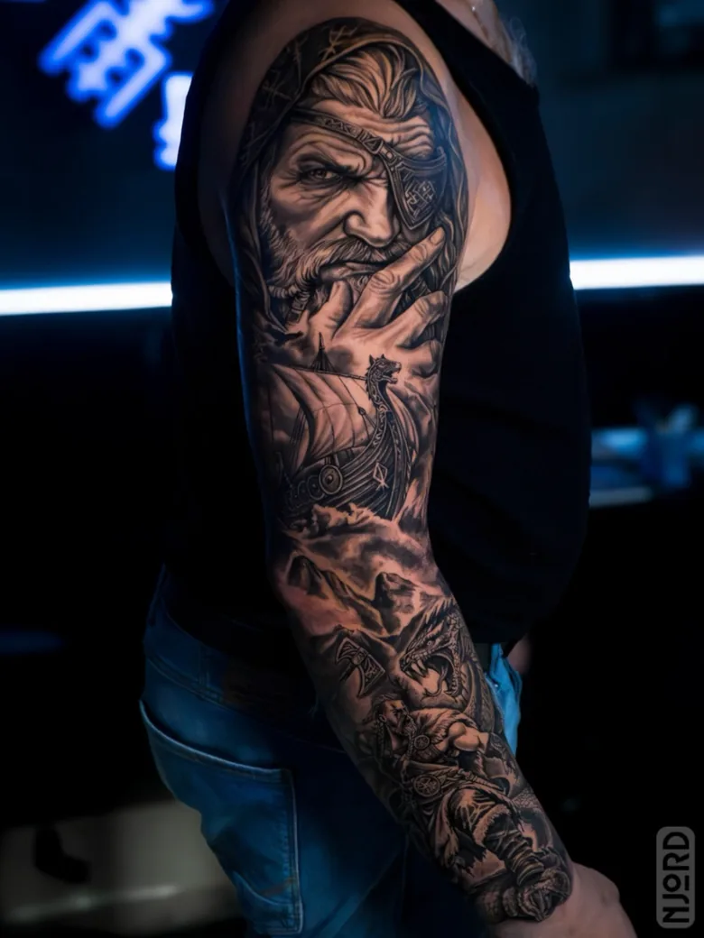 Norse Viking sleeve tattoo by Njord Ink